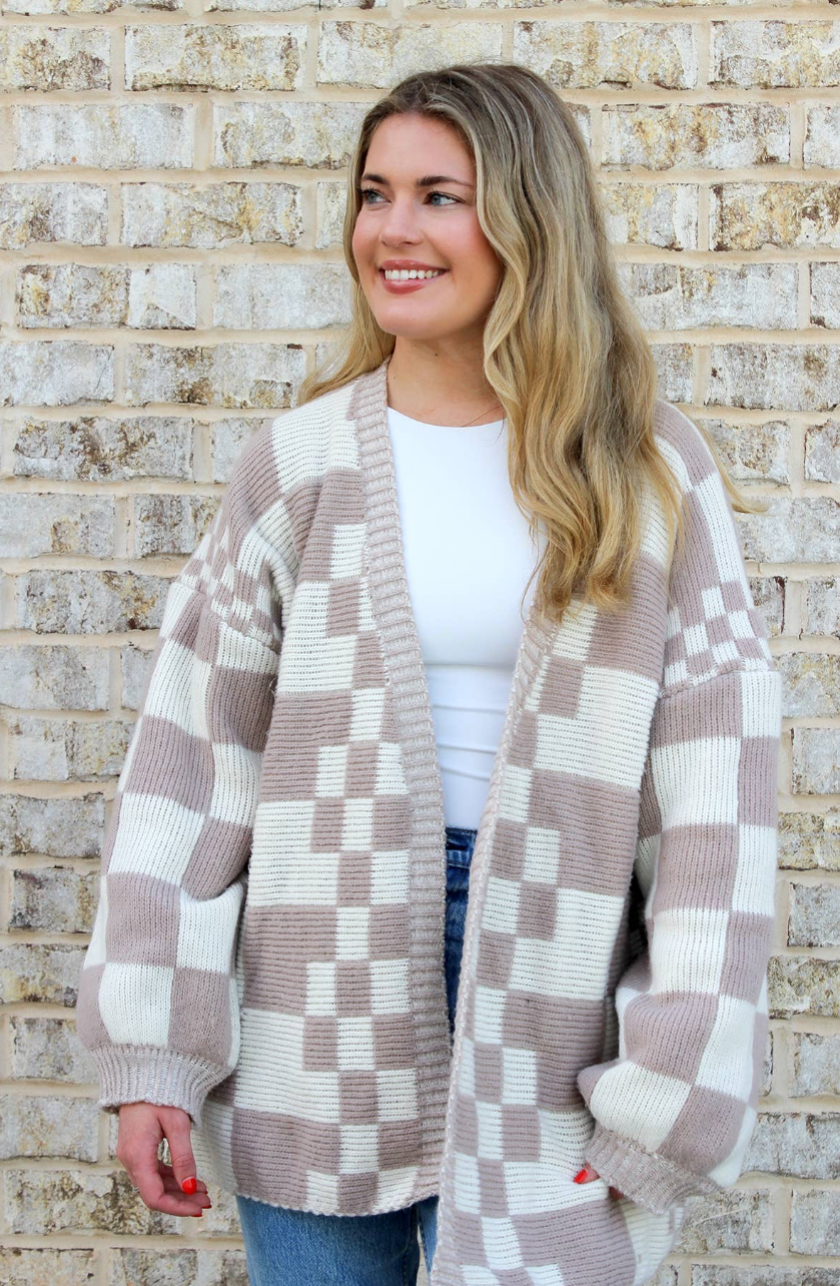 Taupe Oversized Checkered Cardigan