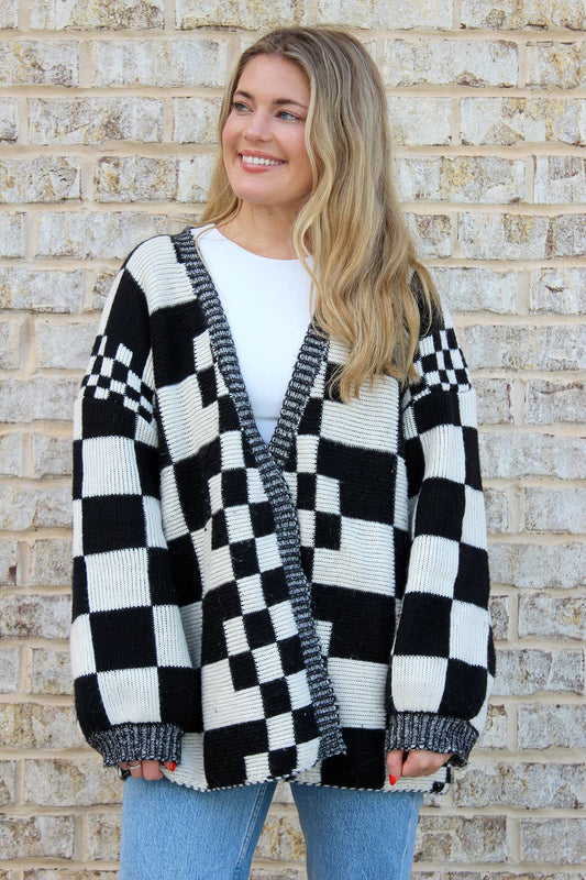 Black Oversized Checkered Cardigan